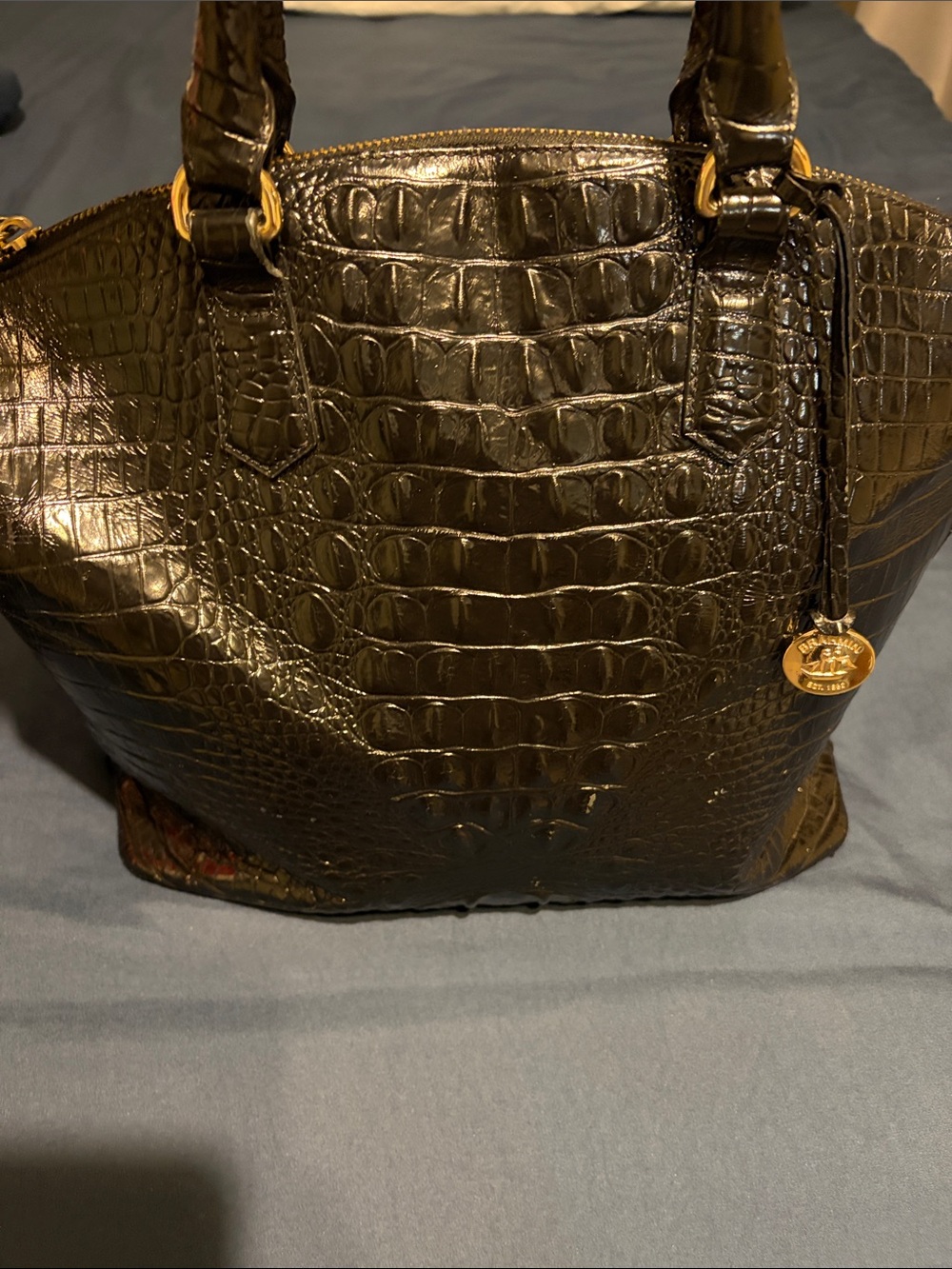 Brahmin Glossy Black Croc-Embossed Tote with Gold Charm